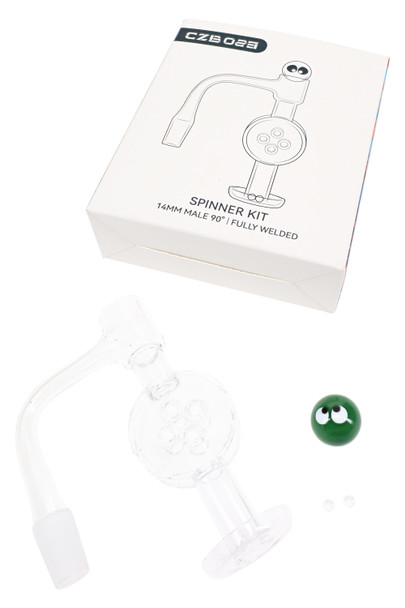 14.5 mm male fully welded terp slurper quartz banger spinner kit shown assembled with quartz accessories