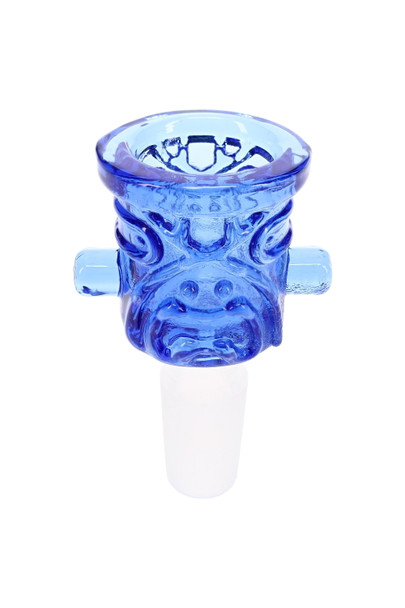Tiki glass bowl shown from alternate angle with varied colored glass detail