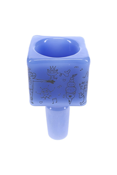 Colored cube glass bowl shown from alternate angle with decal details for component cases