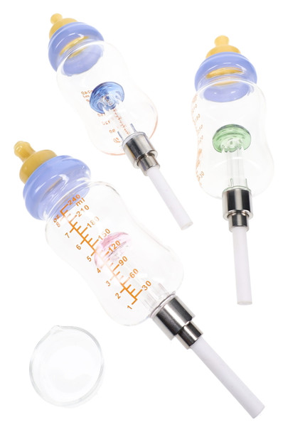 Glass bottle dab straw with mushroom perc, measure markings, ceramic tip, and quartz dish