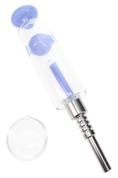 Glass dab straw shown from alternate angle with colorful body and screw-on metal tip detail