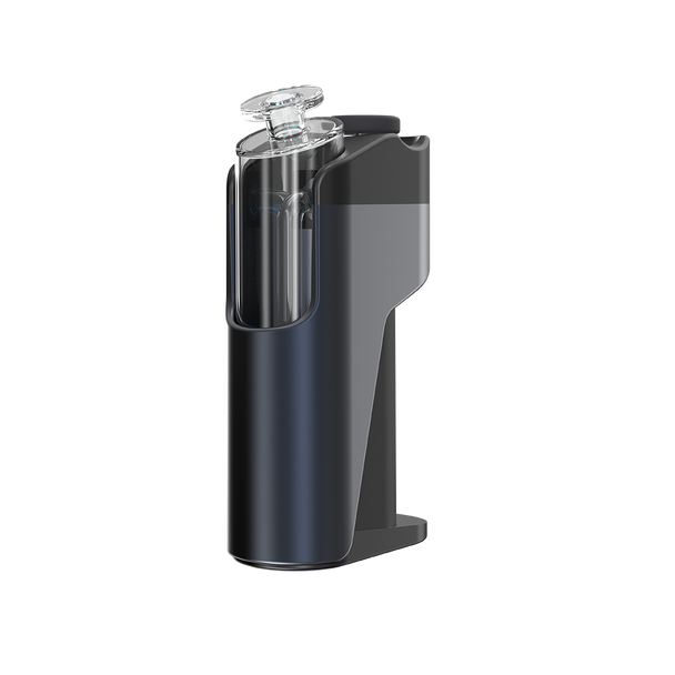 Dr. Dabber Switch GO rear angle showing black body, clear glass attachment, and compact upright base