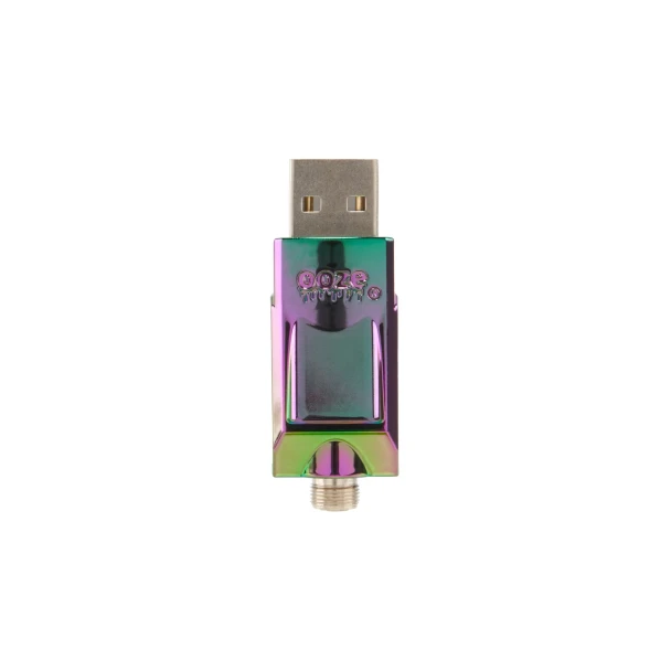 Rainbow Ooze Bolt USB Charger front view with USB plug, 510 thread end, and metallic multicolor finish