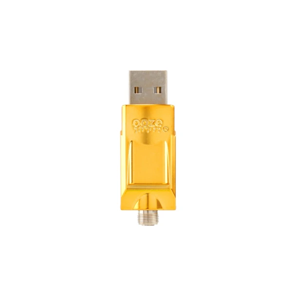 Gold Ooze Bolt USB Charger front view with USB plug, 510 thread end, and compact retail accessory shape