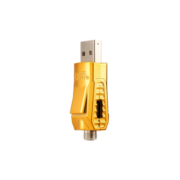 Angled Gold Ooze Bolt USB Charger showing USB plug, 510 thread end, and LED indicator area