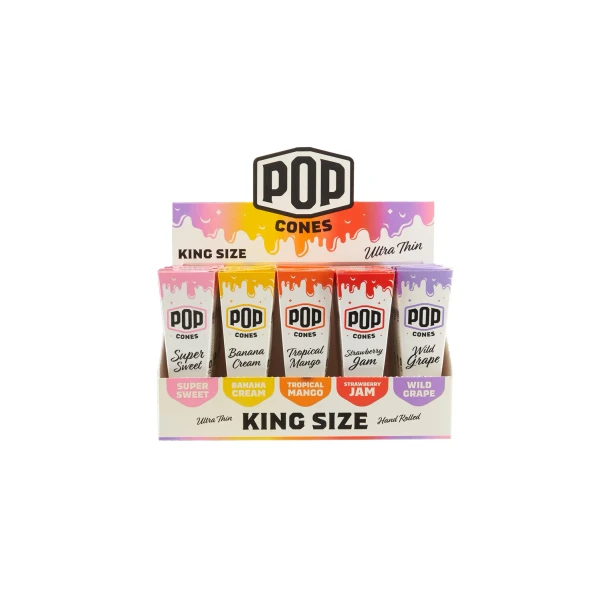 Front-facing POP King Size Ultra Thin display with five assorted flavor 3-pack boxes in retail tray