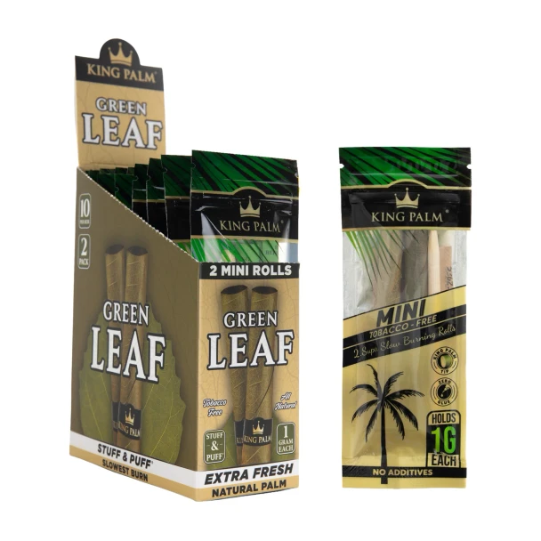 King Palm Green Leaf 10ct display with 2 mini rolls per pouch and single resealable pouch beside box