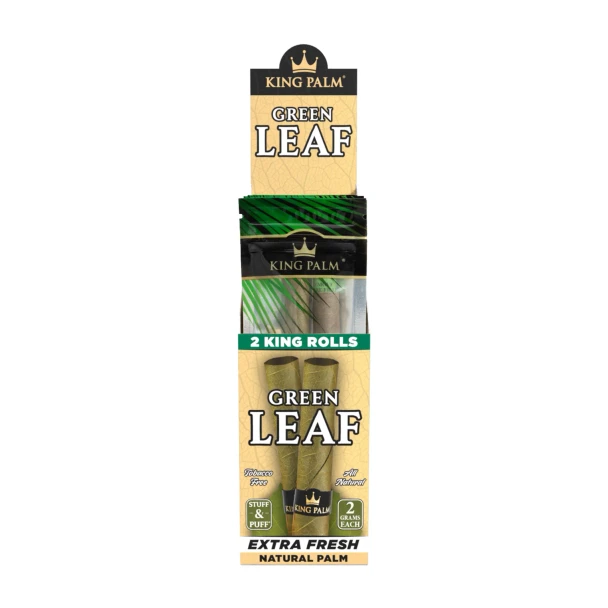 Front-facing King Palm Green Leaf King display with 2 King Rolls packaging and 2 g each callout