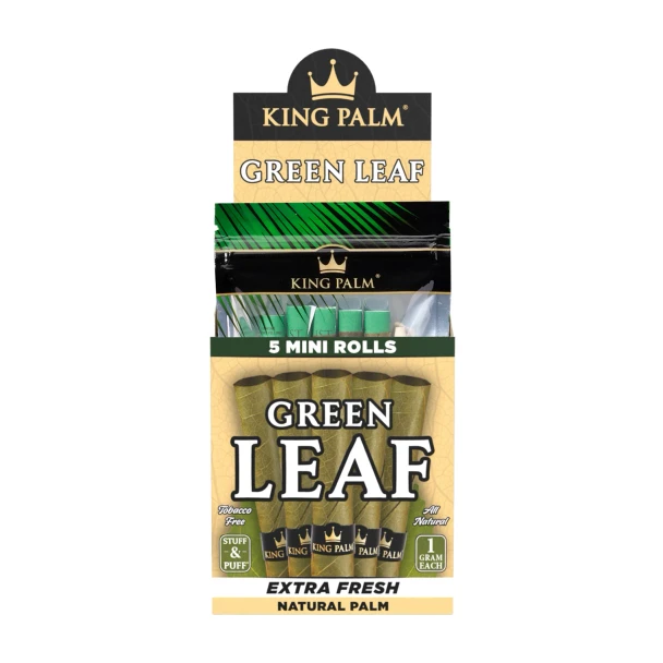 Front-facing King Palm Green Leaf Mini display with 5 mini rolls packaging and 1 g each callout