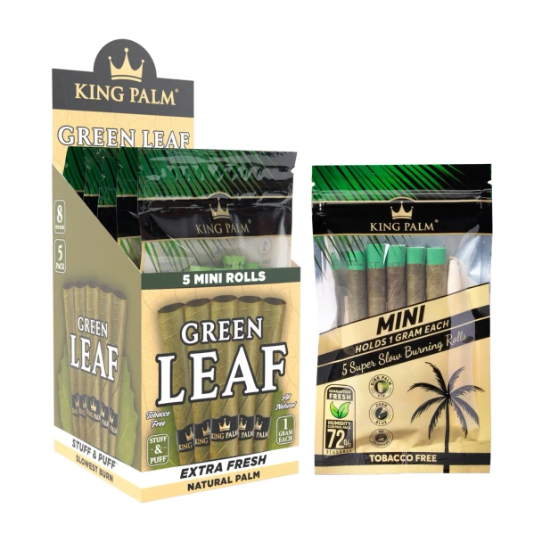 King Palm Green Leaf Mini 8ct display with 5-roll resealable pouch shown beside retail box