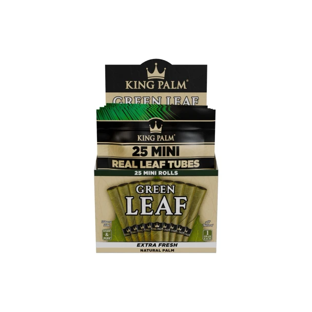 Front-facing King Palm Green Leaf Mini display with 25 Mini Rolls packaging and 1 g each callout