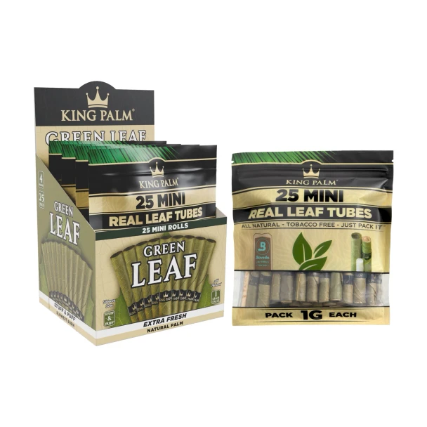 King Palm Green Leaf Mini 4ct display with 25-roll resealable pouch shown beside retail box