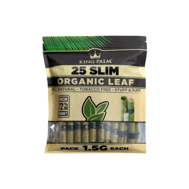 Single King Palm Slim 25-roll pouch with visible leaf tubes, 72% humidity packet, and 1.5 g callout