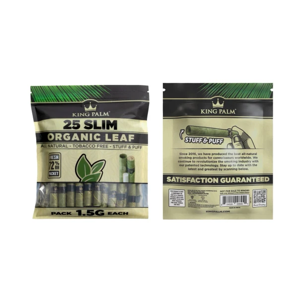 Front and back of King Palm Slim 25-roll pouch showing packing instructions, barcode, and leaf graphics
