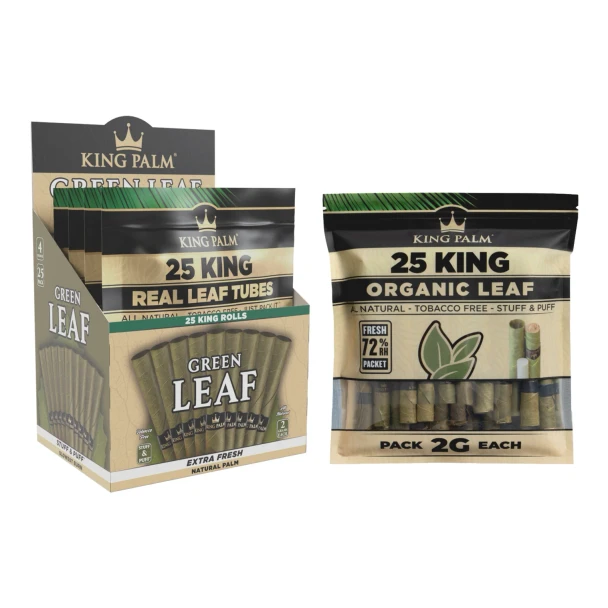 King Palm Green Leaf King 4ct display with 25-roll resealable pouch shown beside retail box