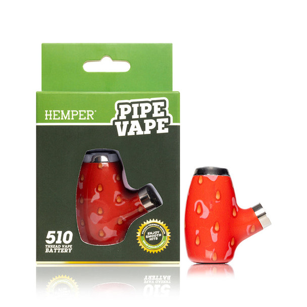 Red strawberry-pattern Hemper Pipe Vape 510 thread battery shown beside branded Hemper retail box
