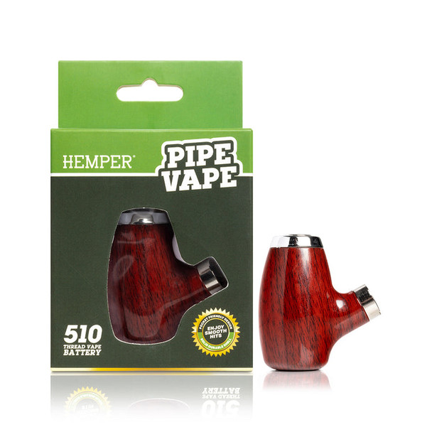 Hemper Pipe Vape 510 thread battery in red woodgrain finish displayed beside branded retail packaging