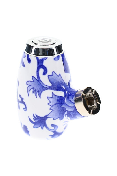 White and blue floral-pattern pipe-style 510 thread vape battery with chrome trim and cartridge connection
