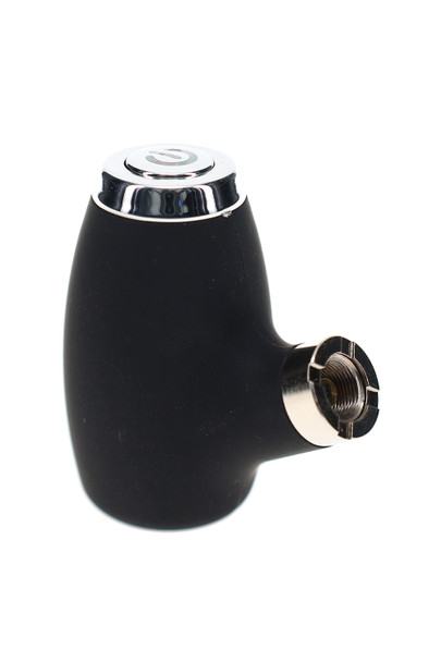 Black pipe-style 510 thread vape battery with chrome accents and threaded connection displayed on white background