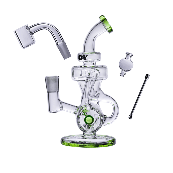Slime green Drummer Boy mini dab rig kit with quartz banger, bubble carb cap, and mini dab tool