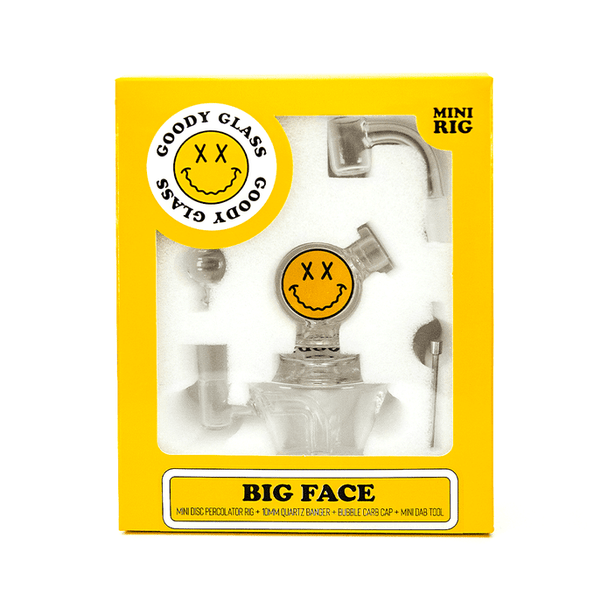 Goody Glass Big Face yellow boxed packaging for mini disc percolator rig and 10 mm quartz banger