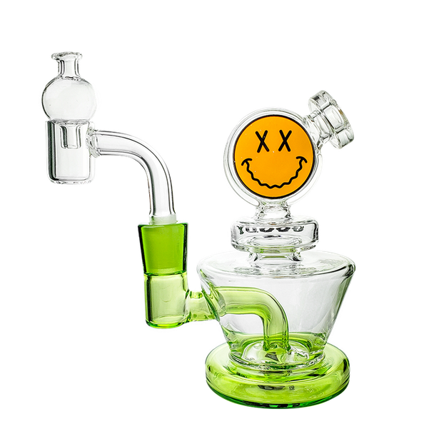 Slime green Goody Glass Big Face mini dab rig with quartz banger and round smiley face chamber