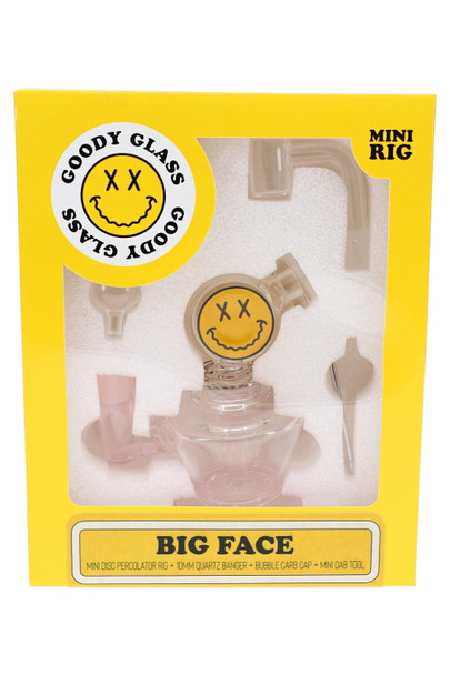Goody Glass Big Face mini rig kit in yellow retail box with rig, banger, carb cap, and dab tool visible
