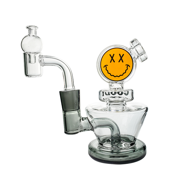 Smoke-accent Goody Glass Big Face mini dab rig with 4-hole disc perc and smiley face top chamber