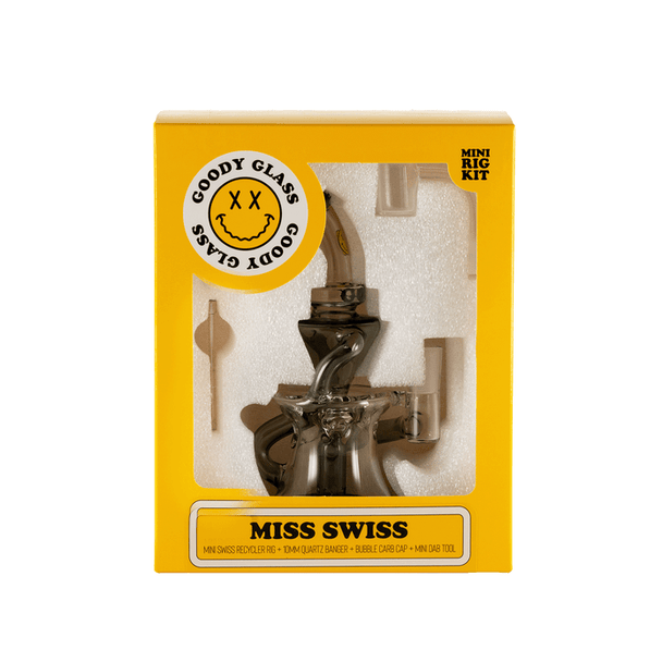 Pink Goody Glass Miss Swiss mini dab rig with bubble carb cap, mini dab tool, and banger