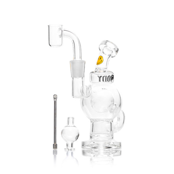 Clear Goody Glass Orbit mini dab rig kit with quartz banger, bubble carb cap, and mini dab tool displayed on white background