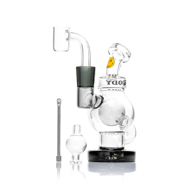 Transparent black Goody Glass Orbit mini dab rig kit with 10 mm quartz banger, carb cap, and dab tool