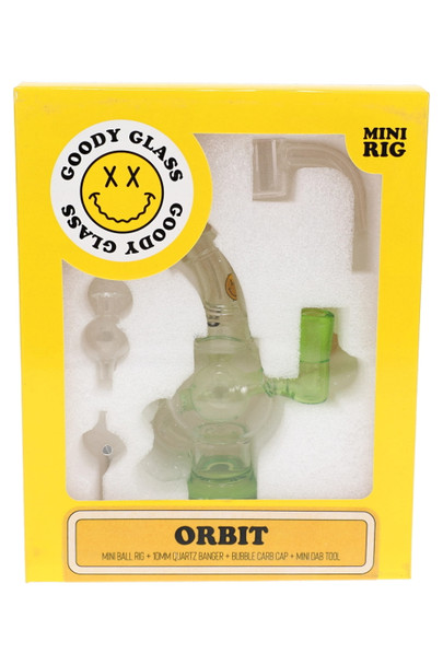 Goody Glass Orbit Mini Rig Kit in yellow retail box with rig, quartz banger, carb cap, and dab tool visible