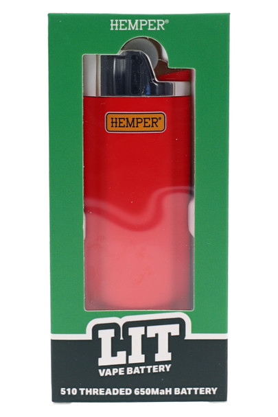 Red Hemper Lit vape battery visible through retail packaging window with 510 threaded 650mAh battery labeling