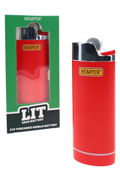 Red Hemper Lit vape battery displayed beside matching retail packaging with lighter-style body and chrome top