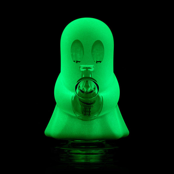 White HEMPER ghost glass water pipe glowing bright green in the dark with clear bowl for wholesale glass resale