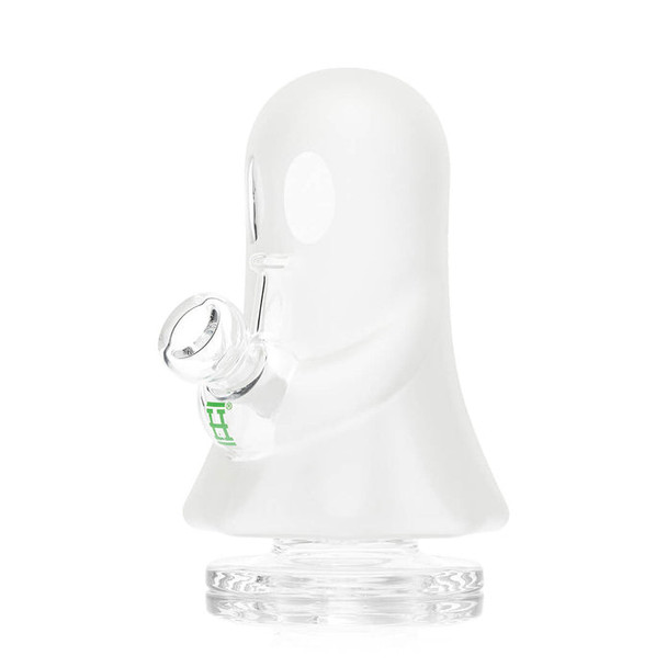 Opposite side view of white HEMPER ghost glass water pipe with clear bowl and thick base for wholesale displays