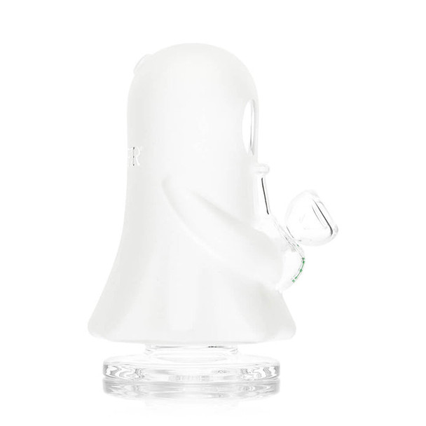 Side view of white ghost-shaped HEMPER glass water pipe with clear bowl and round base for smoke shop displays