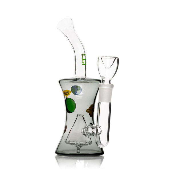 Side view of HEMPER Cosmic Bong with green H decal on curved neck and planet decals on body