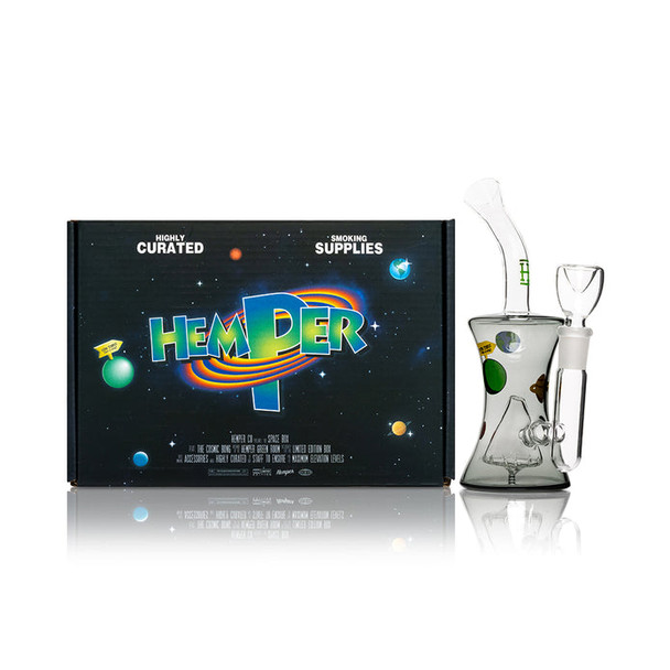 HEMPER Cosmic Bong with space-themed box and transparent black glass water pipe beside it