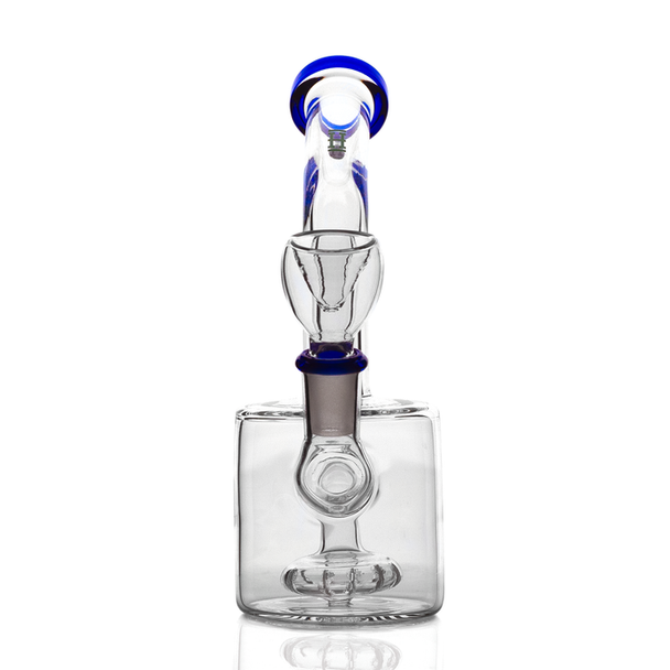 Front view of clear showerhead puck water pipe with cobalt blue accents, removable flower bowl, and internal filtration chamber