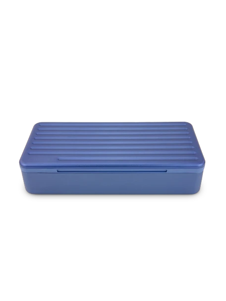 Closed Sapphire Puffco Travel Case with ridged rectangular exterior and rounded hard-shell shape