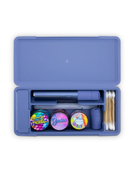 Overhead open Sapphire Puffco Travel Case holding Pivot, Hot Knife, jars, cotton swabs, and container