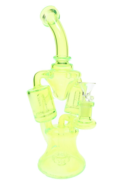11" neon green stemless recycler water pipe with curved glass body and upright display angle