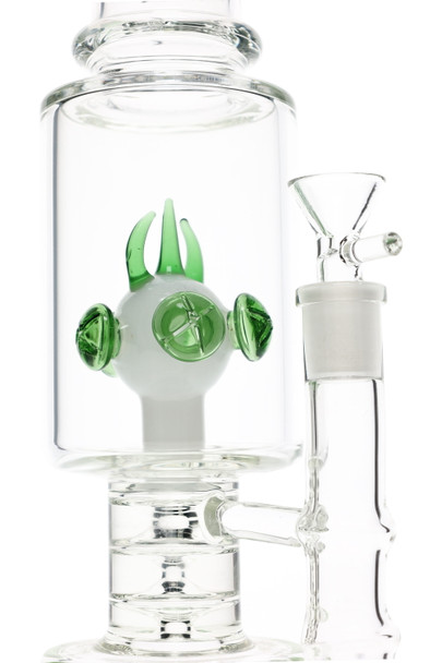 Tall straight shooter water pipe showing dual drum perc area, ice pinch, and 14.5 mm connection