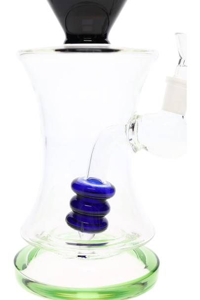 Multicolored glass water pipe showing 14.5 mm connection and upright retail display profile