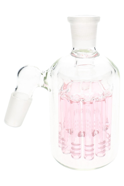 Glass-on-glass ash catcher shown at angle with 11-arm pink tree perc for component displays
