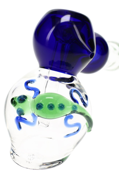 Clear glass hammer bubbler shown from side angle with raised lizard accent and blue bowl