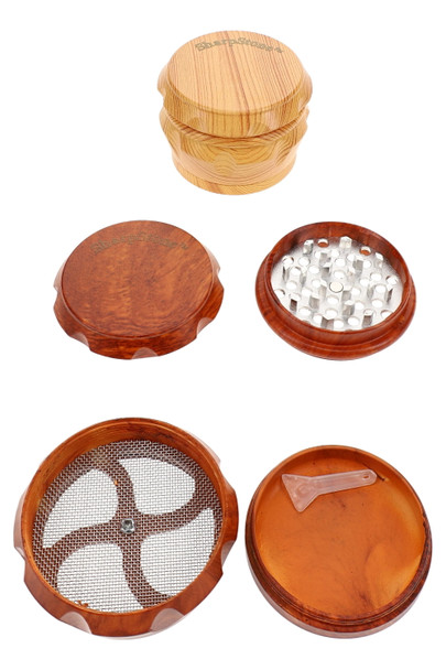SharpStone 4-part plastic grinder opened to show metal grinding elements and interior sections