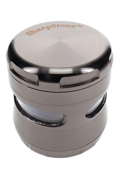 63 mm SharpStone grinder with window detail shown at angle for smoke shop accessory shelves