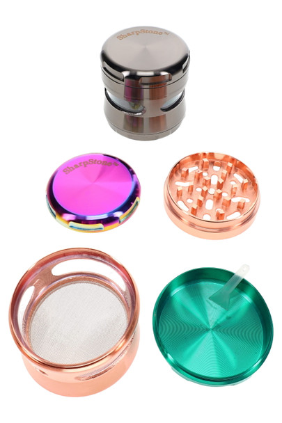 SharpStone 4-part metal grinder opened to show interior sections and compact 63 mm size
